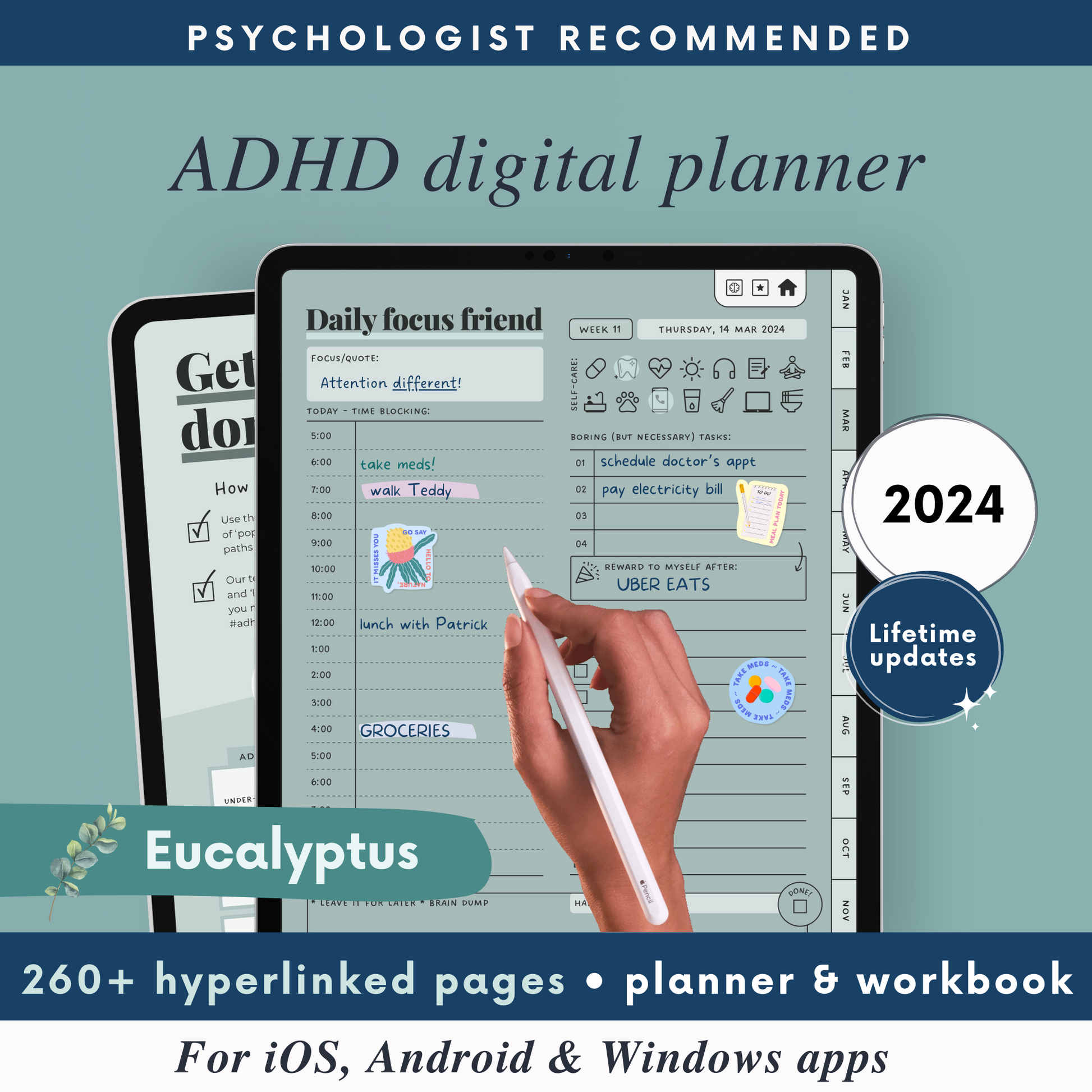 EUCALYPTUS GREEN ADHD Digital Planner for iOS, Android & Windows Apps