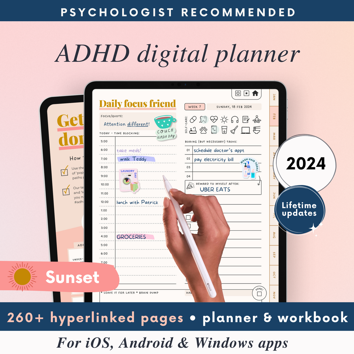 Sunset ADHD Digital Planner for iOS, Android & Windows Apps