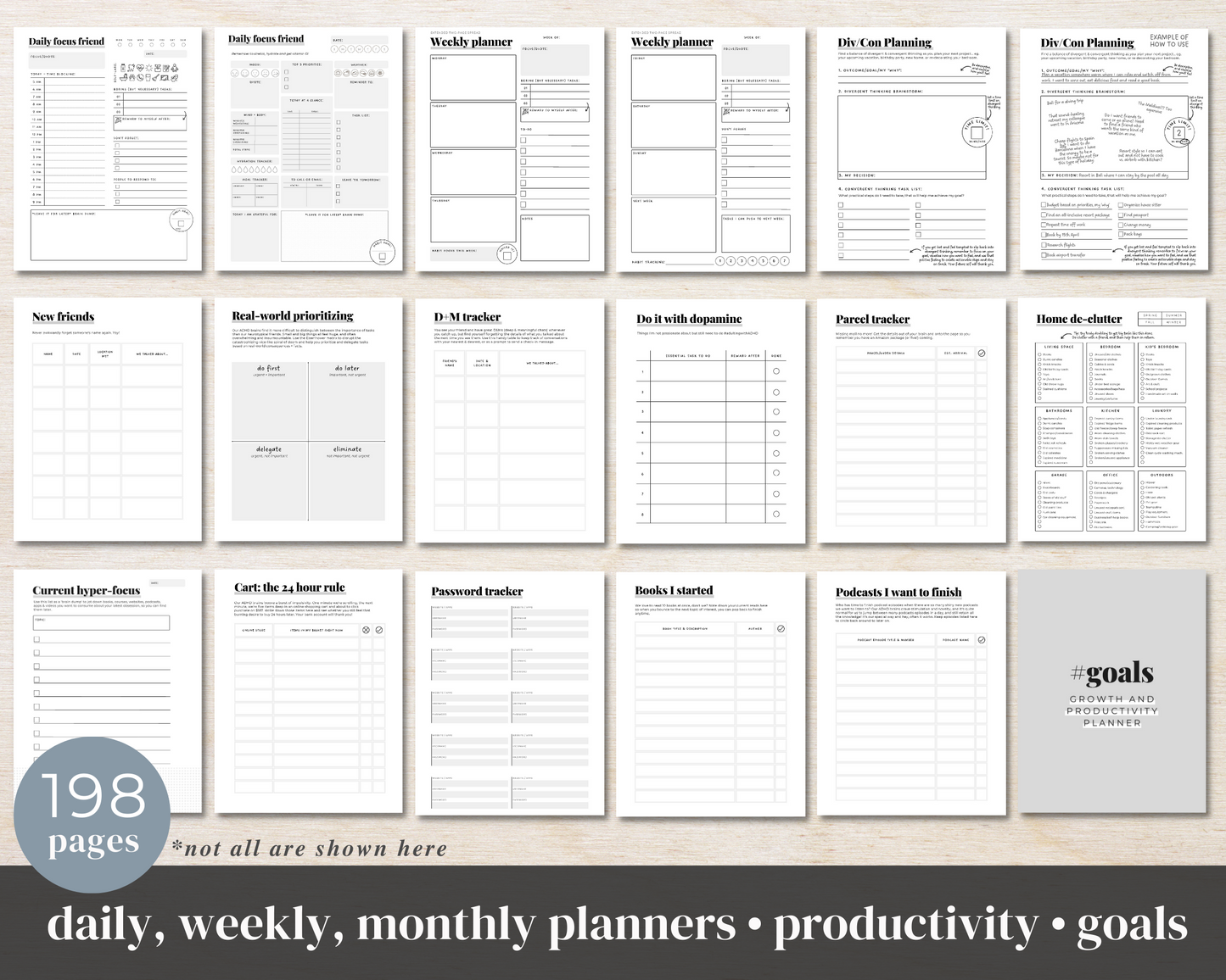 MONOCHROME PRINTABLE - ADHD Planner, Self Care & Habits Workbook & Journal